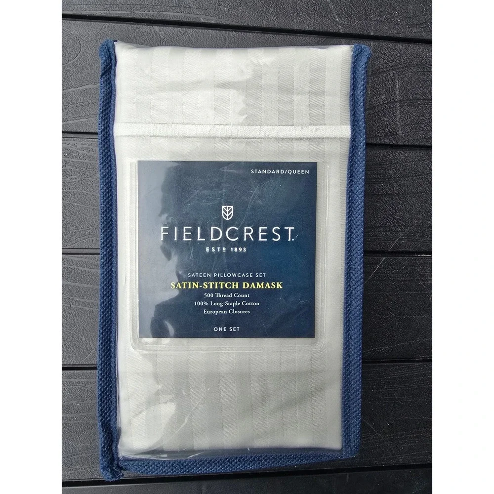 Fieldcrest 500TC Cotton Sateen Pillowcase Set Satin-Stitch Damask Silver Springs